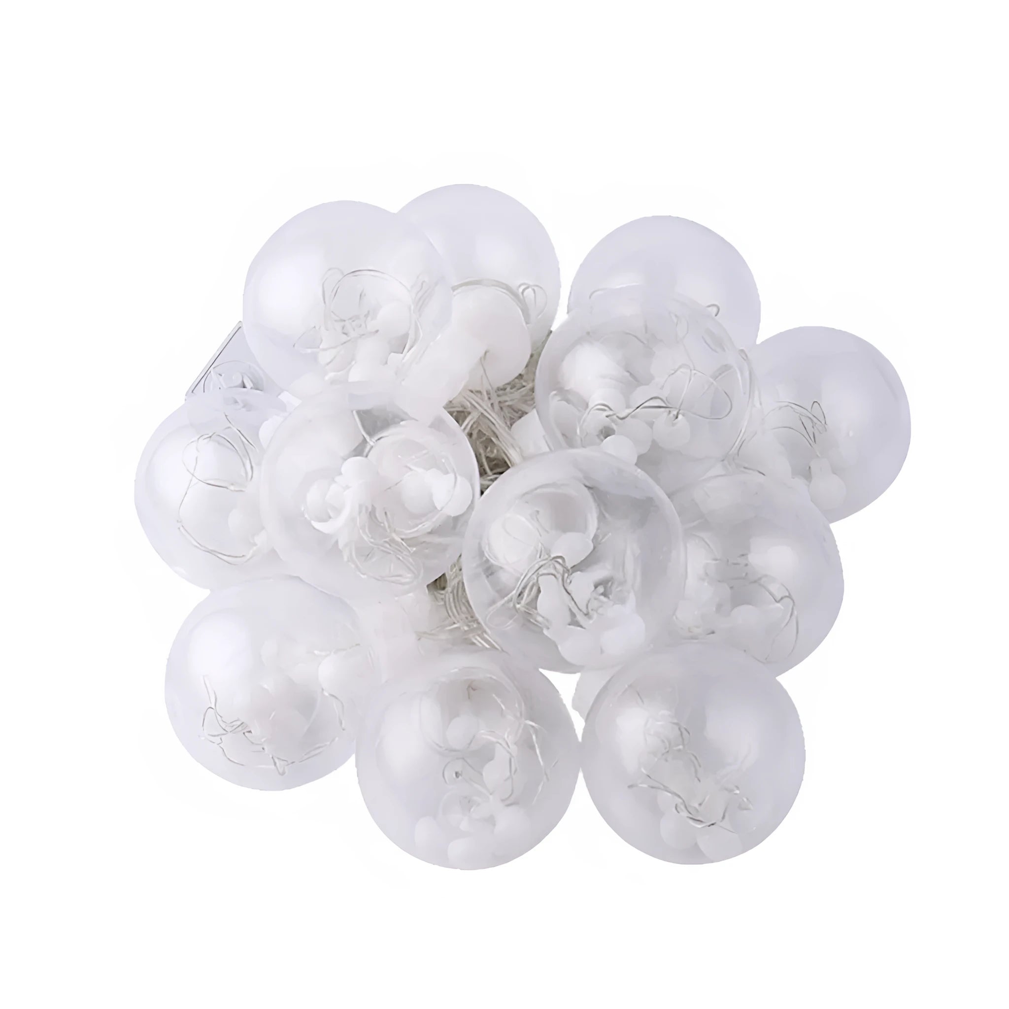 2.5 metre 108 LED curtain light string in warm white mode on a dark background showing plastic shell and plug-in cable