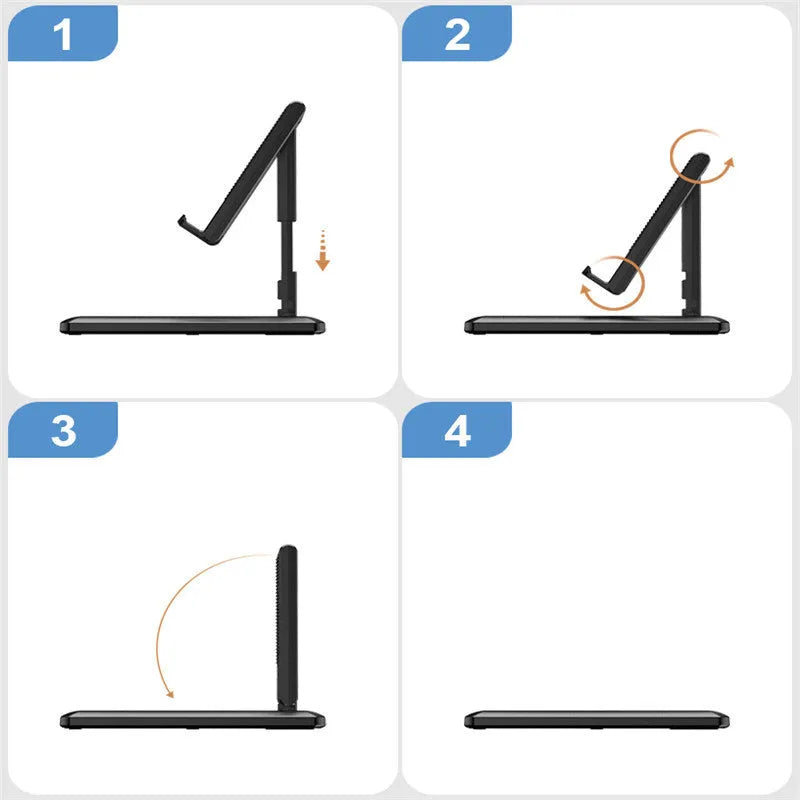 Retractable folding mobile phone desktop stand in black on a desk