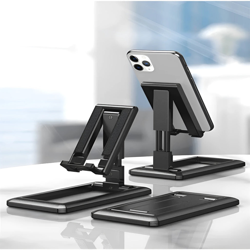 Retractable folding mobile phone desktop stand in black on a desk