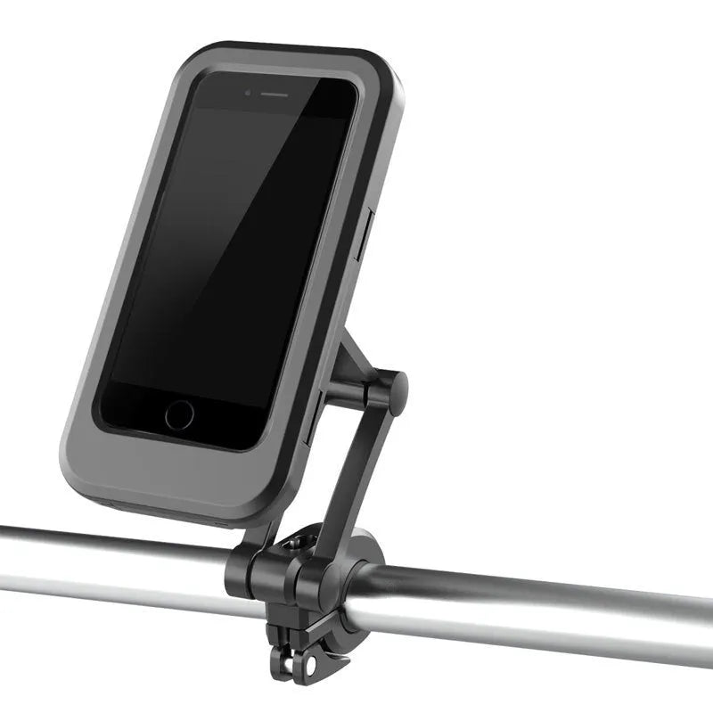 Adjustable waterproof bicycle phone holder mount in black, holding a smartphone on a handlebar with magnetic suction and 360-degree rotation