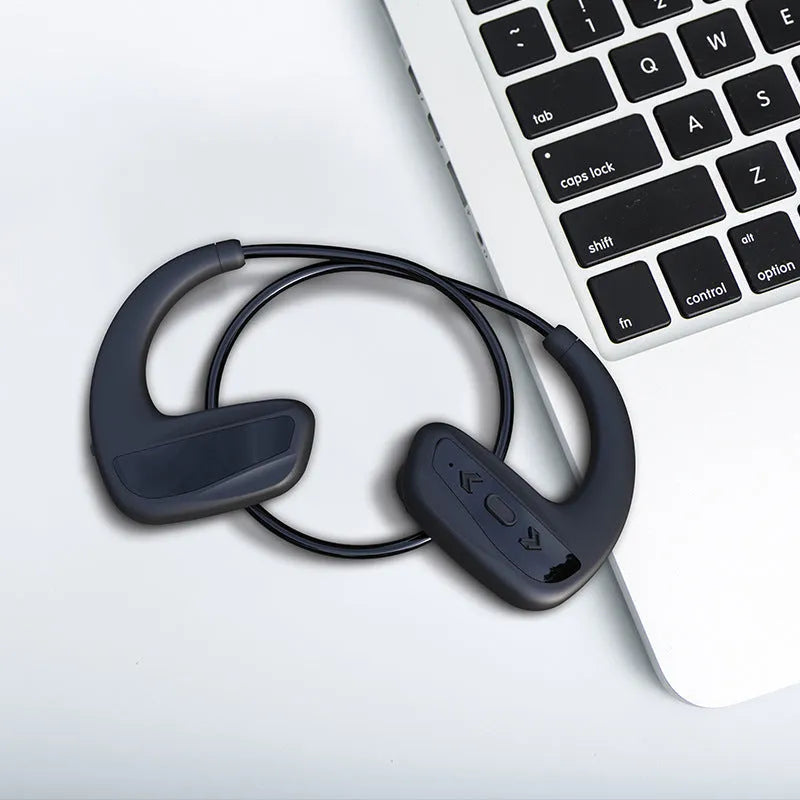 Suomijia SM608 waterproof swimming Bluetooth headset in black with head-mounted design and dual stereo earpieces