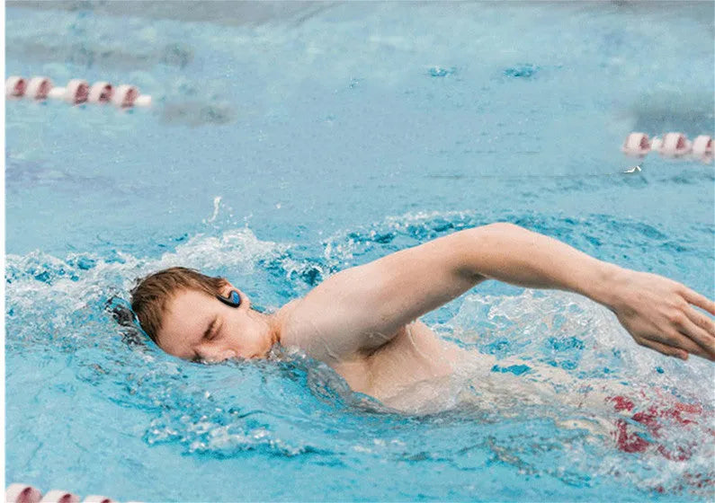 Suomijia SM608 waterproof swimming Bluetooth headset in black with head-mounted design and dual stereo earpieces