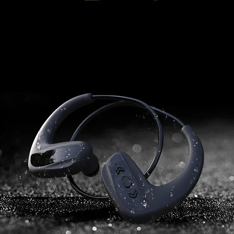 Suomijia SM608 waterproof swimming Bluetooth headset in black with head-mounted design and dual stereo earpieces