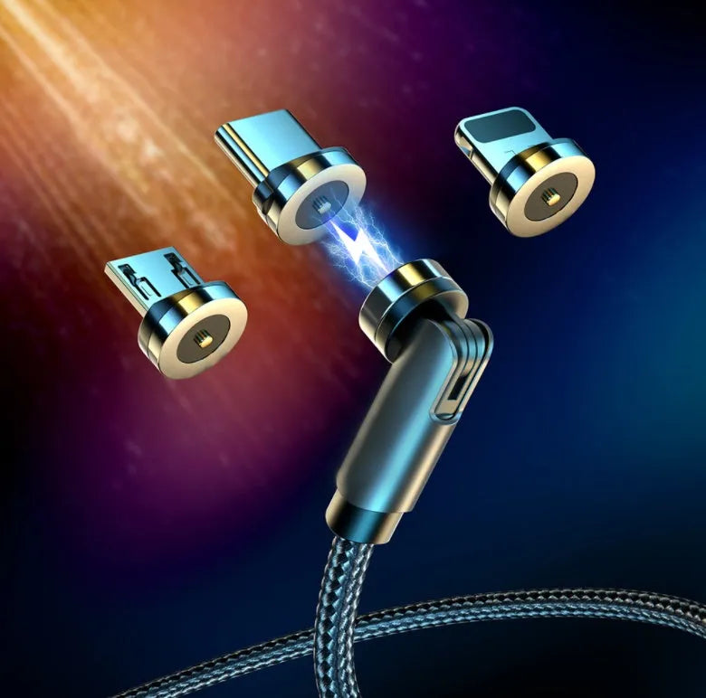 Essager black magnetic USB charging cable with rotating aluminium head and blue LED light on a white background.