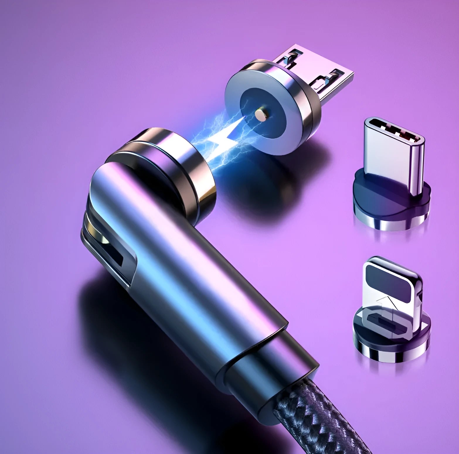 Essager black magnetic USB charging cable with rotating aluminium head and blue LED light on a white background.