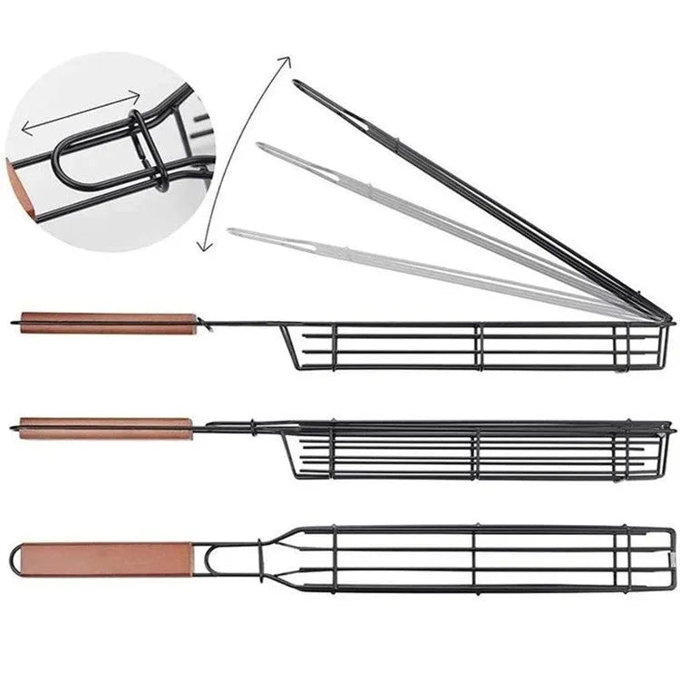 BBQ grill mesh basket with wood handle and rotary lid on outdoor grill