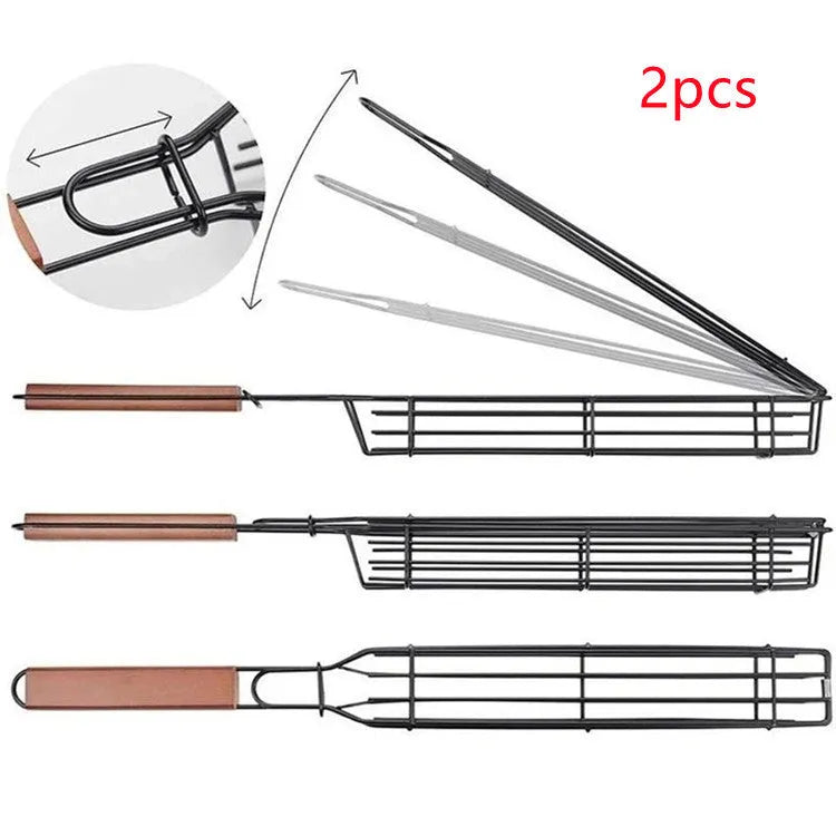 BBQ grill mesh basket with wood handle and rotary lid on outdoor grill