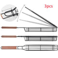 BBQ grill mesh basket with wood handle and rotary lid on outdoor grill