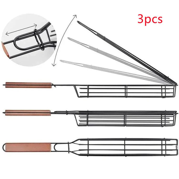 BBQ grill mesh basket with wood handle and rotary lid on outdoor grill