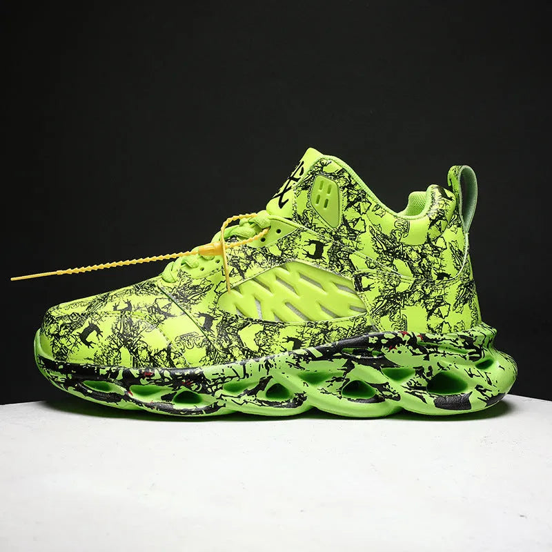Men's camouflage pattern high-top basketball shoes with rubber sole, shown in multiple colour options