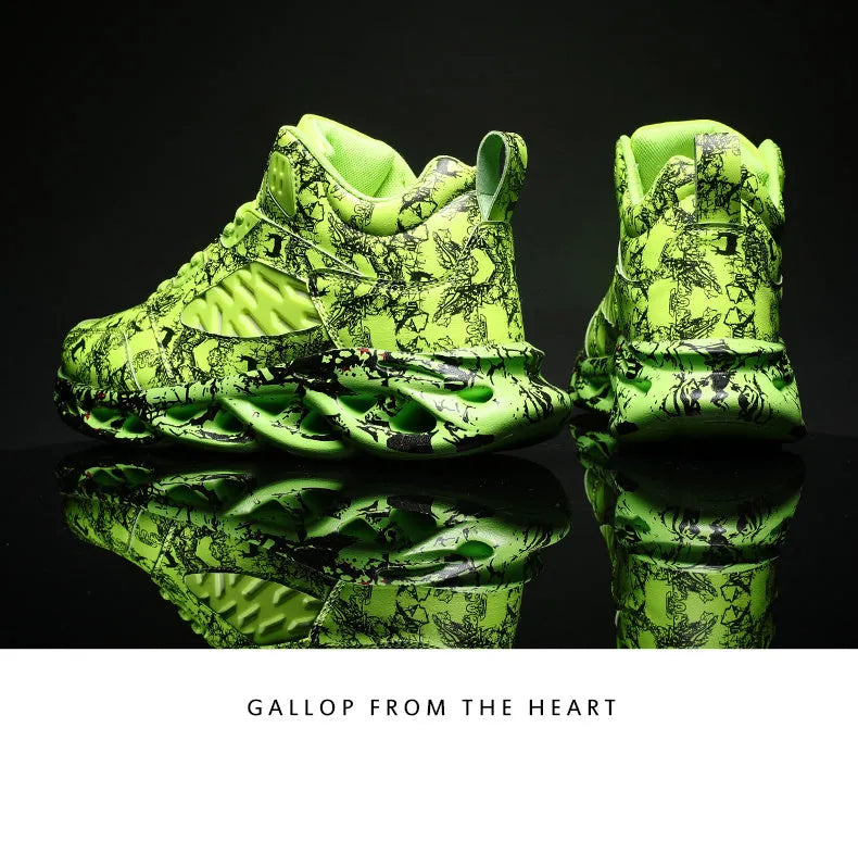 Men's camouflage pattern high-top basketball shoes with rubber sole, shown in multiple colour options