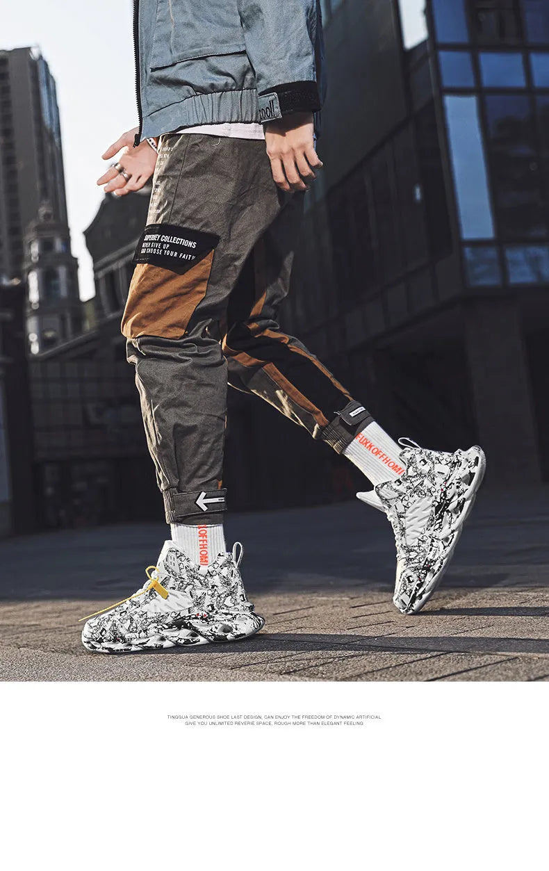Men's camouflage pattern high-top basketball shoes with rubber sole, shown in multiple colour options