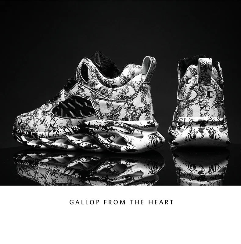 Men's camouflage pattern high-top basketball shoes with rubber sole, shown in multiple colour options