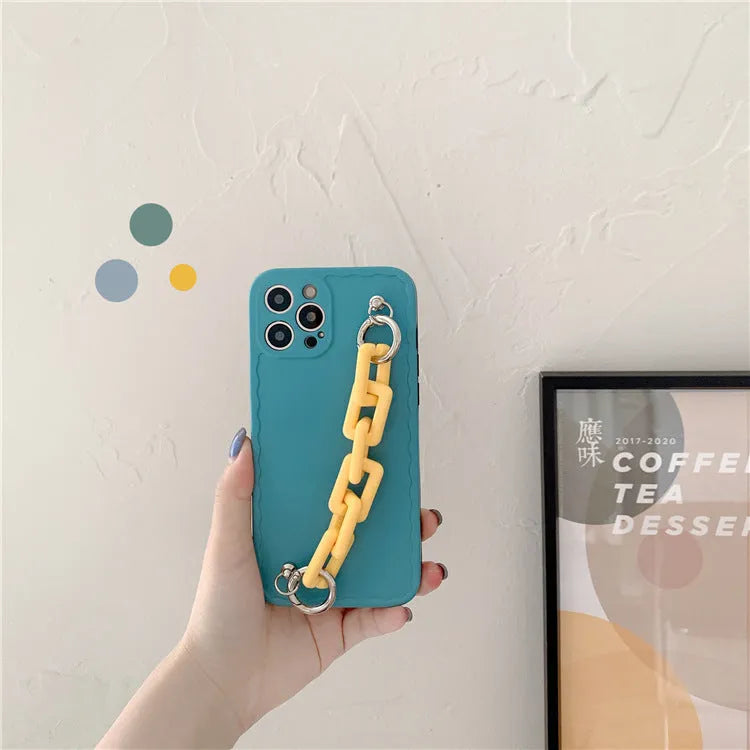 Candy colour phone case with attached chain compatible with iPhone and Huawei models in photo frame pink