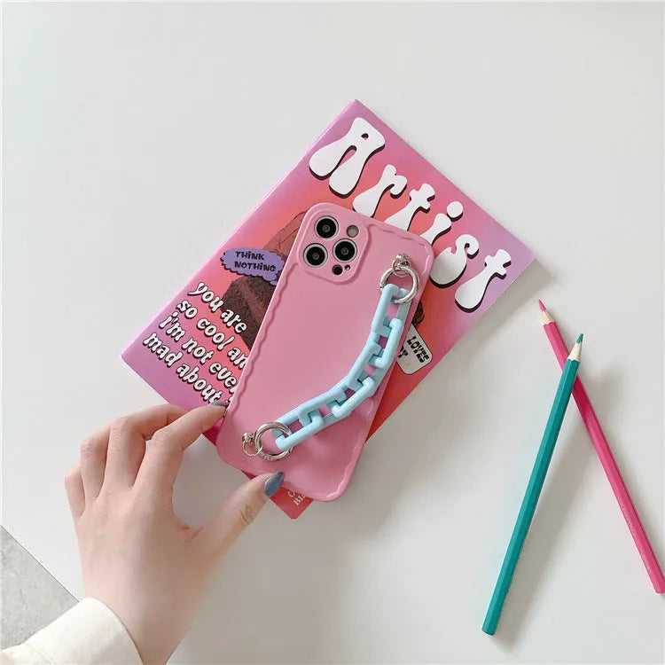 Candy colour phone case with attached chain compatible with iPhone and Huawei models in photo frame pink