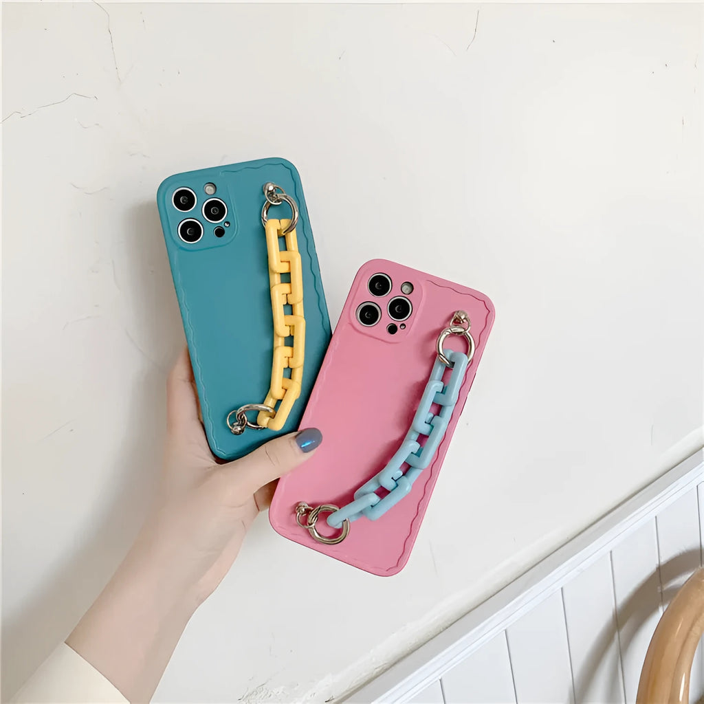 Candy colour phone case with attached chain compatible with iPhone and Huawei models in photo frame pink