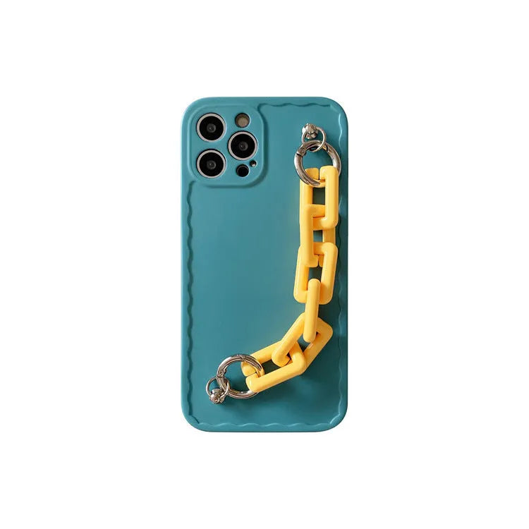 Candy colour phone case with attached chain compatible with iPhone and Huawei models in photo frame pink