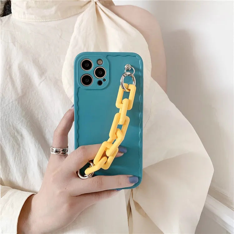 Candy colour phone case with attached chain compatible with iPhone and Huawei models in photo frame pink