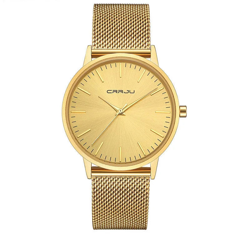 Casual quartz watch with alloy case and black mesh strap on a wrist.