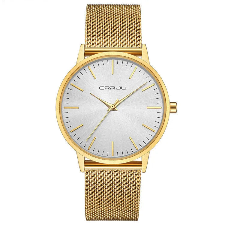 Casual quartz watch with alloy case and black mesh strap on a wrist.