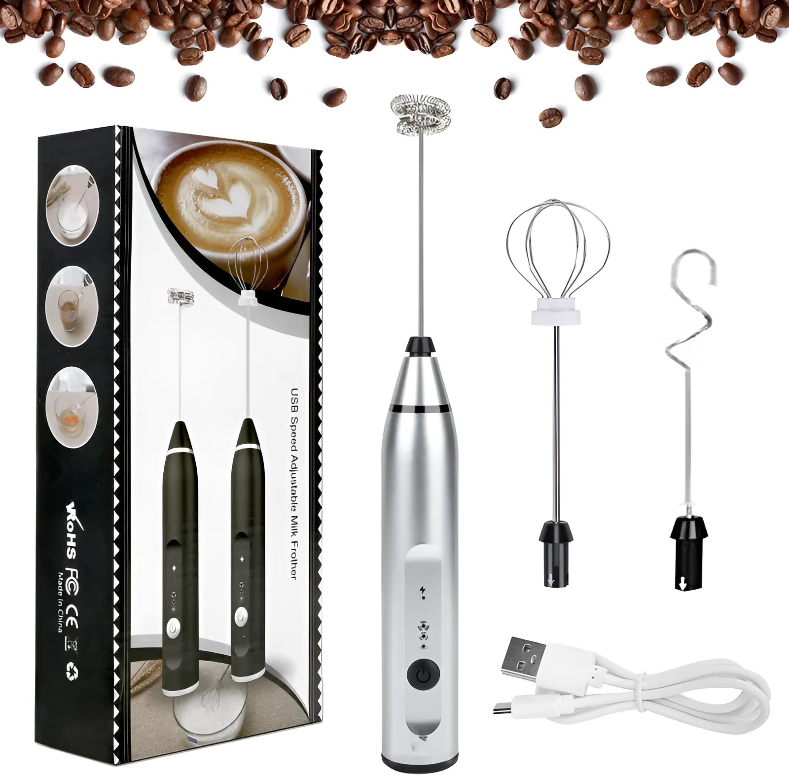 Rechargeable electric milk frother with three rod heads on white background – Black colour option