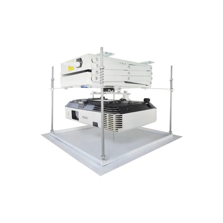 Ultra-thin white electric projector lifting hanger with remote control on a ceiling