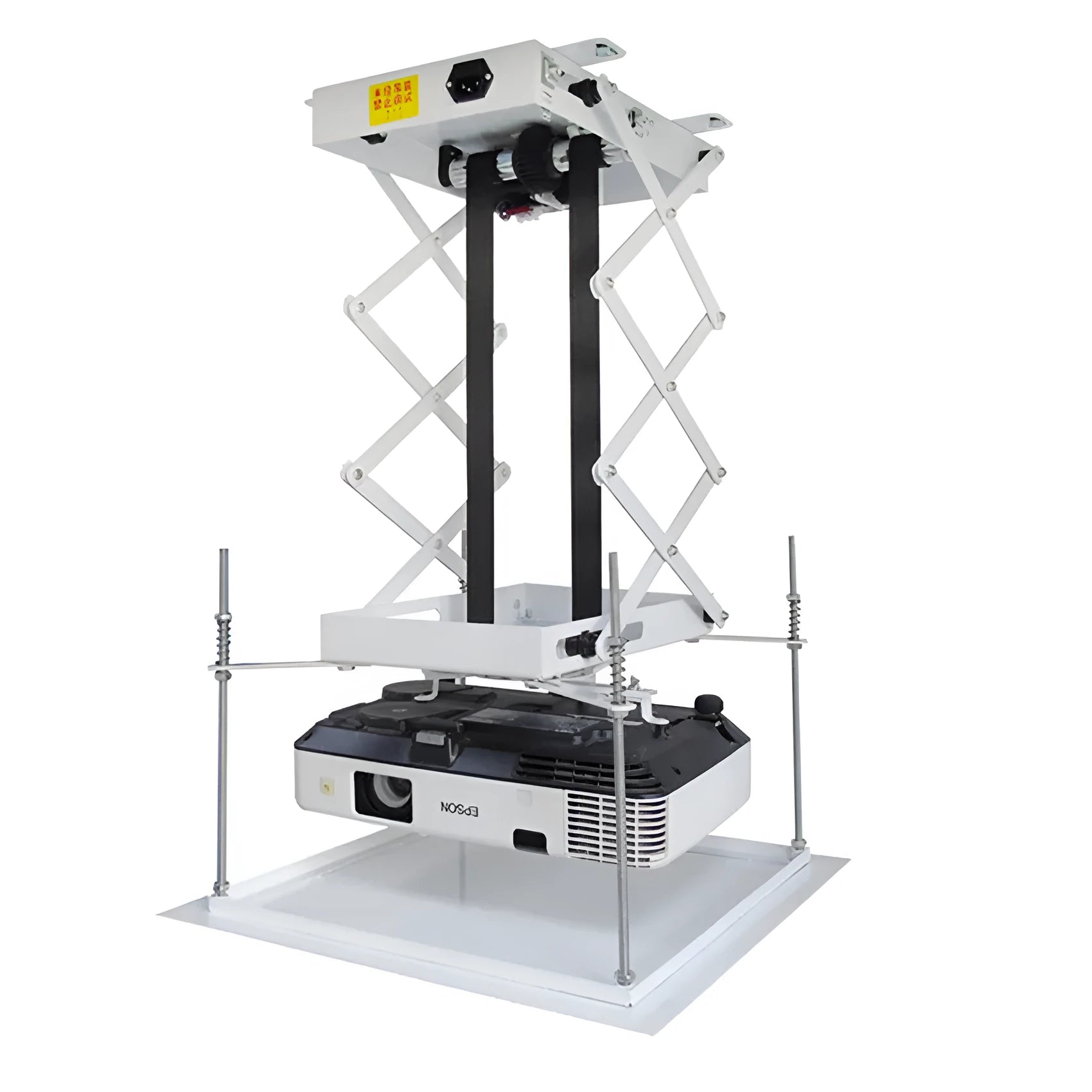 Ultra-thin white electric projector lifting hanger with remote control on a ceiling