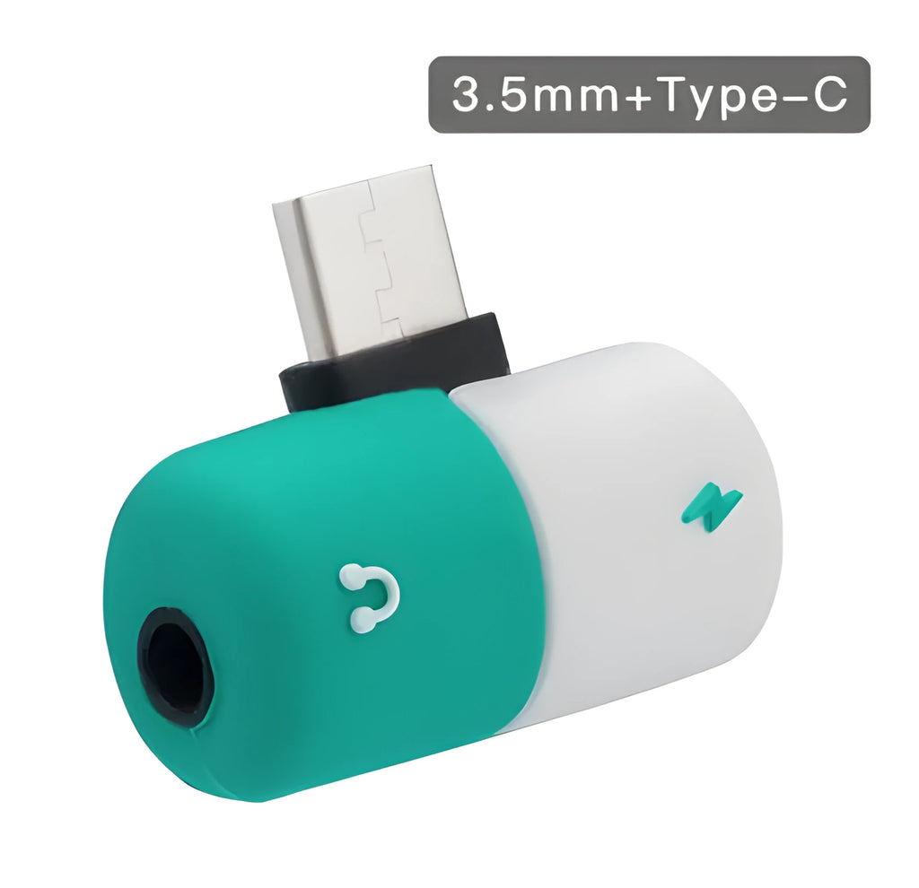 Blue charging audio adapter cover case for Huawei phones showing 3.5mm jack and USB port