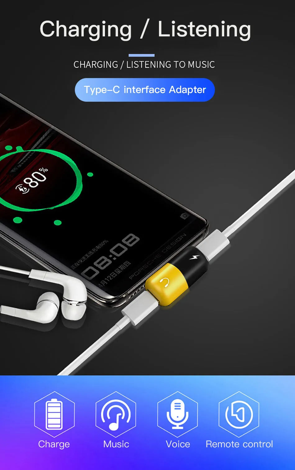 Blue charging audio adapter cover case for Huawei phones showing 3.5mm jack and USB port