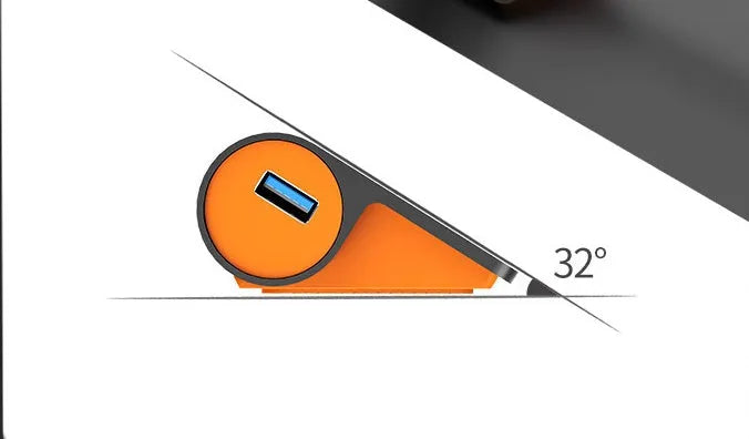 Dark grey aluminium USB hub with four USB 3.1 ports, orange accent, and detachable 100cm cable
