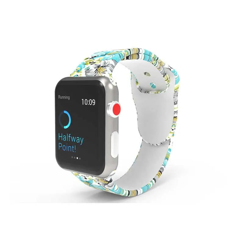 Silicone Apple Watch band with custom printed tie-dye pattern, standard length for 38/40mm case
