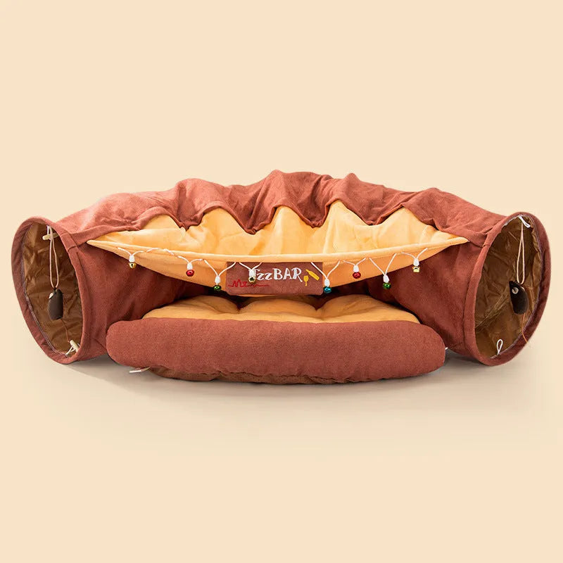 Collapsible cloth cat tunnel shown in one of four colours: Bar, Coffee, Matcha, or Pink.