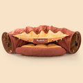Collapsible cloth cat tunnel shown in one of four colours: Bar, Coffee, Matcha, or Pink.