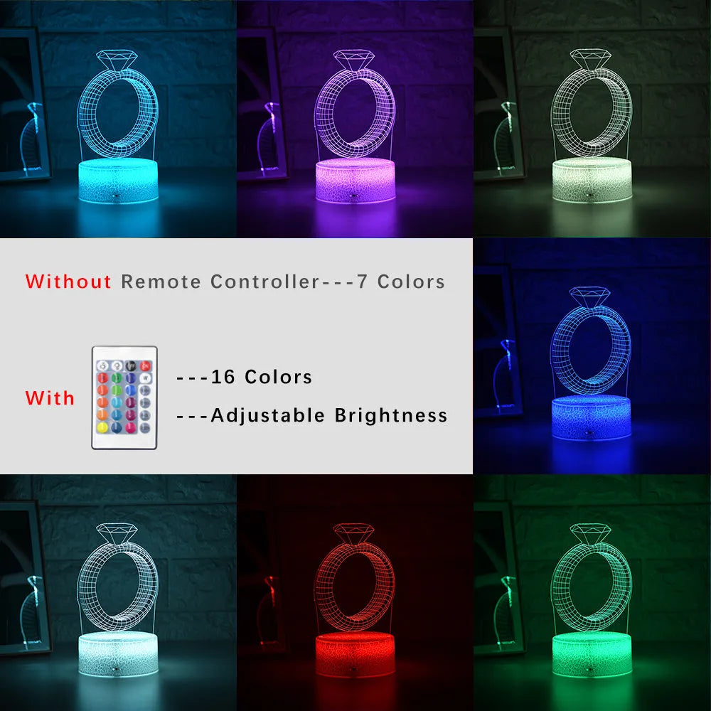 3D diamond ring design LED night light with colour changing modes