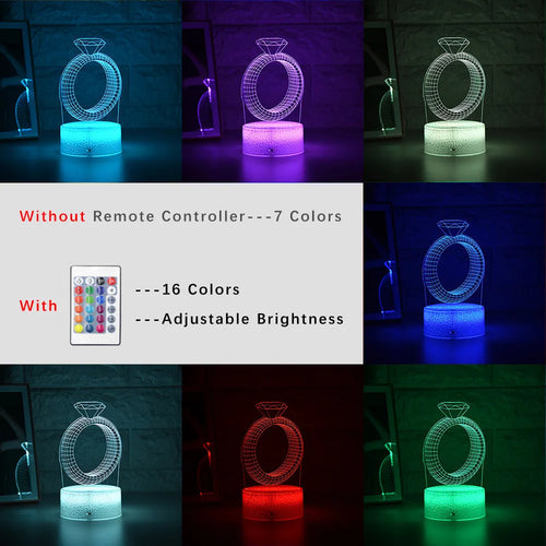 3D diamond ring design LED night light with colour changing modes