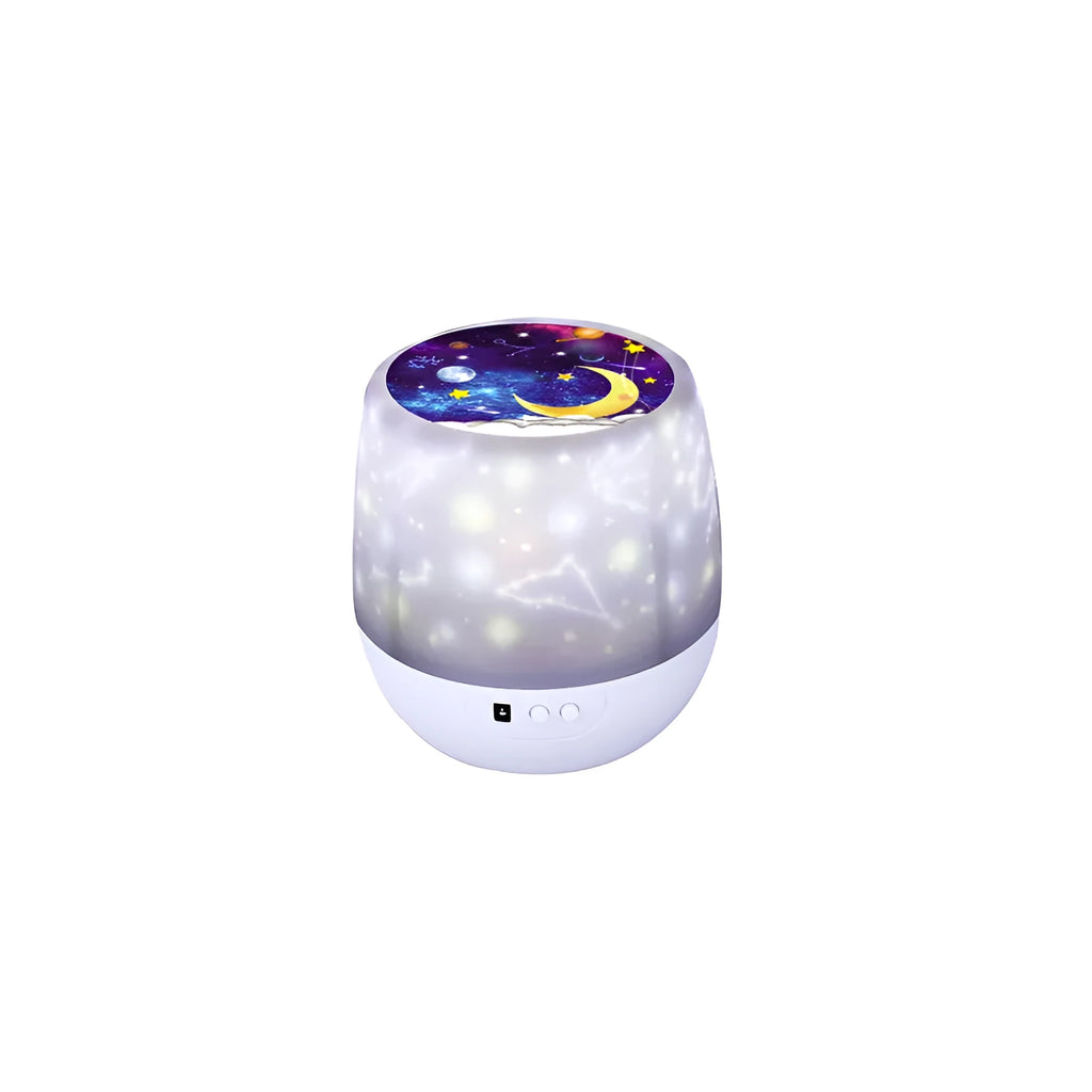 Pruixin rotating projector night light showing star pattern projection on a bedroom ceiling.