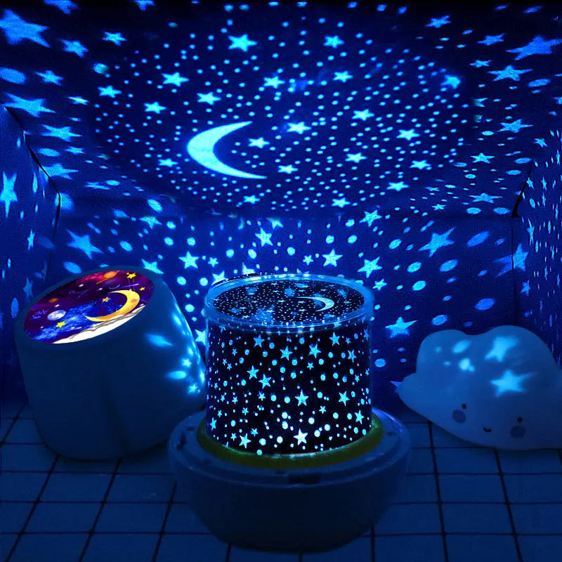 Pruixin rotating projector night light showing star pattern projection on a bedroom ceiling.