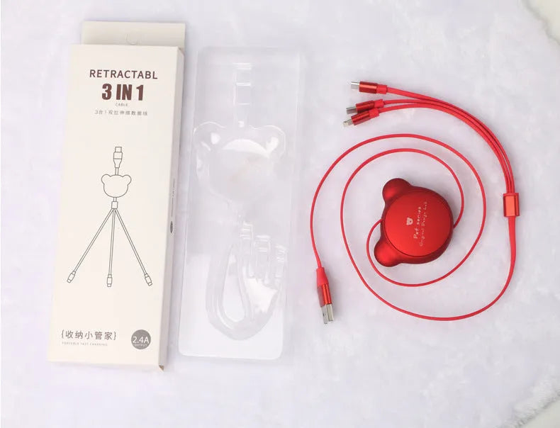 Cute telescopic bear data cable with three connectors in pink on white background