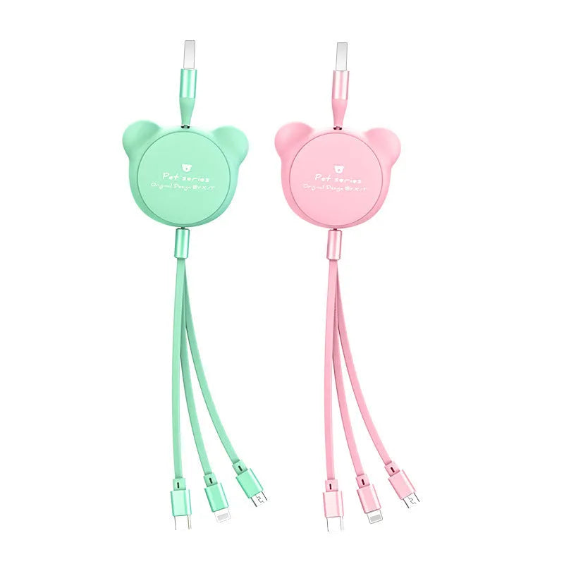 Cute telescopic bear data cable with three connectors in pink on white background
