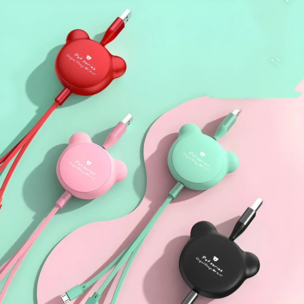 Cute telescopic bear data cable with three connectors in pink on white background