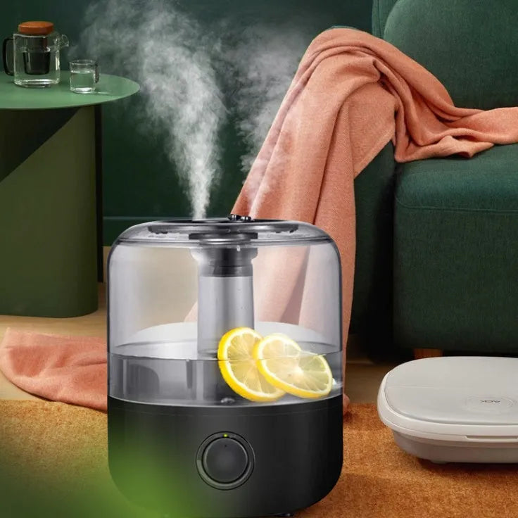 White or black compact humidifier with 3-litre tank for bedroom use with quiet operation under 35dB