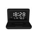 Wireless charger alarm clock showing time, calendar, temperature and humidity display with smartphone charging