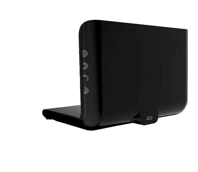 Wireless charger alarm clock showing time, calendar, temperature and humidity display with smartphone charging