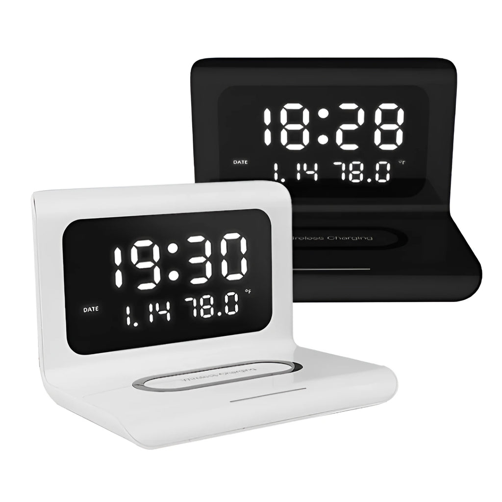 Wireless charger alarm clock showing time, calendar, temperature and humidity display with smartphone charging