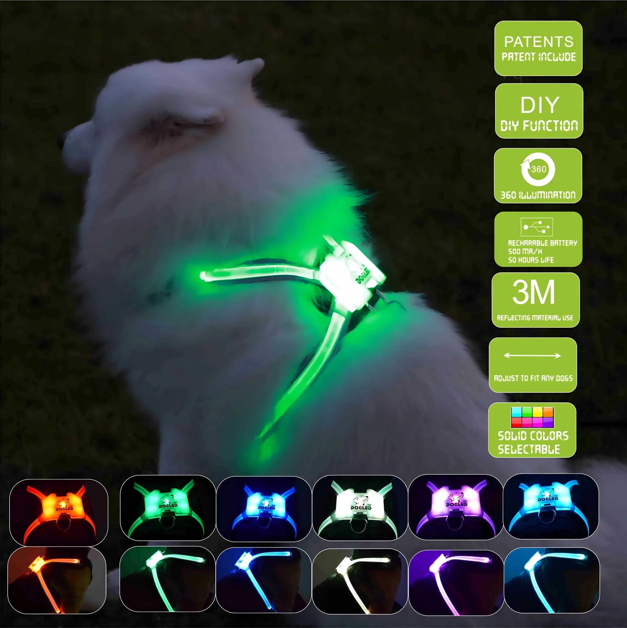 LED USB rechargeable silicone luminous dog collar with seven colour options for small to large dogs