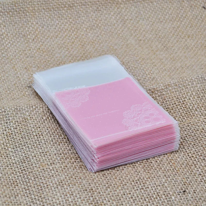 Pink self-adhesive plastic packaging bag with gusset for handmade soap and snacks