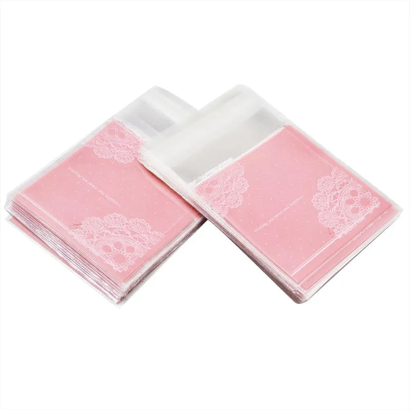 Pink self-adhesive plastic packaging bag with gusset for handmade soap and snacks