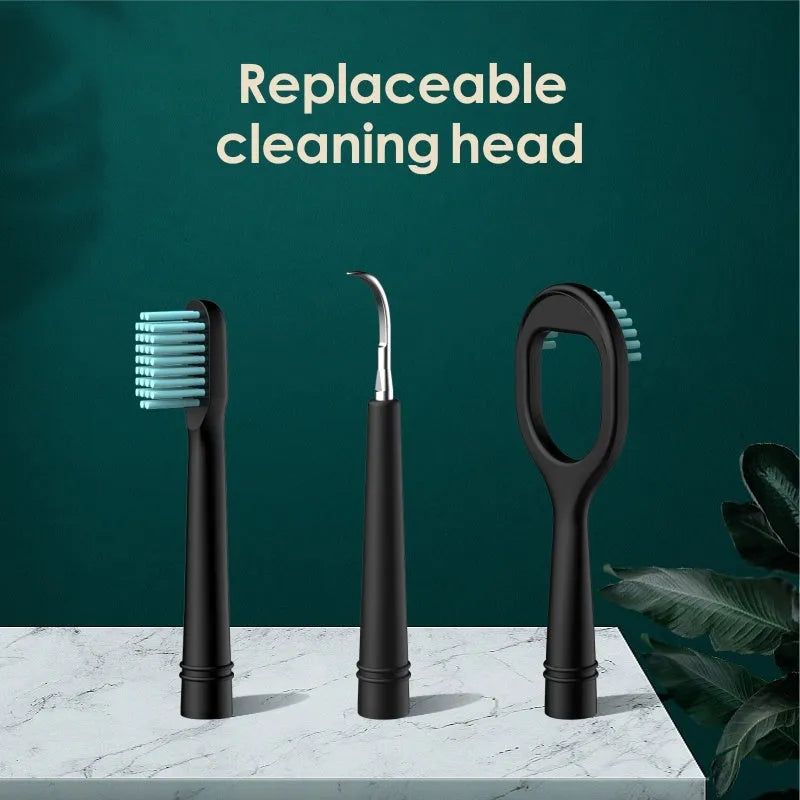 Black household dental scaler with storage tray, tongue cleaner, and USB charging cable