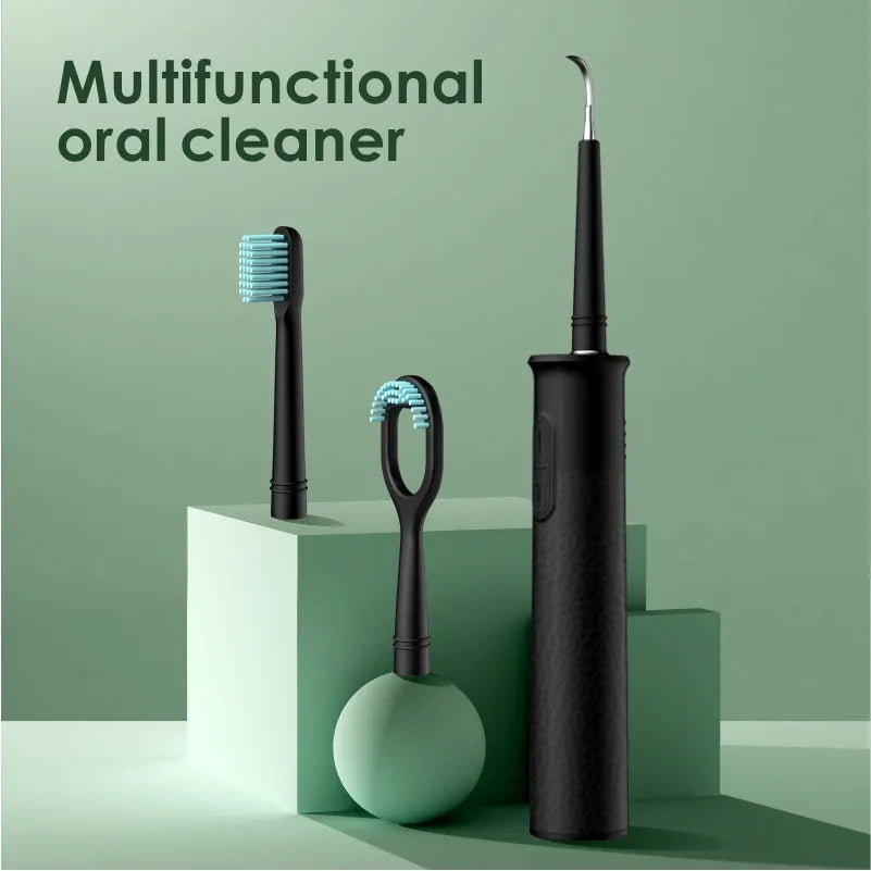 Black household dental scaler with storage tray, tongue cleaner, and USB charging cable