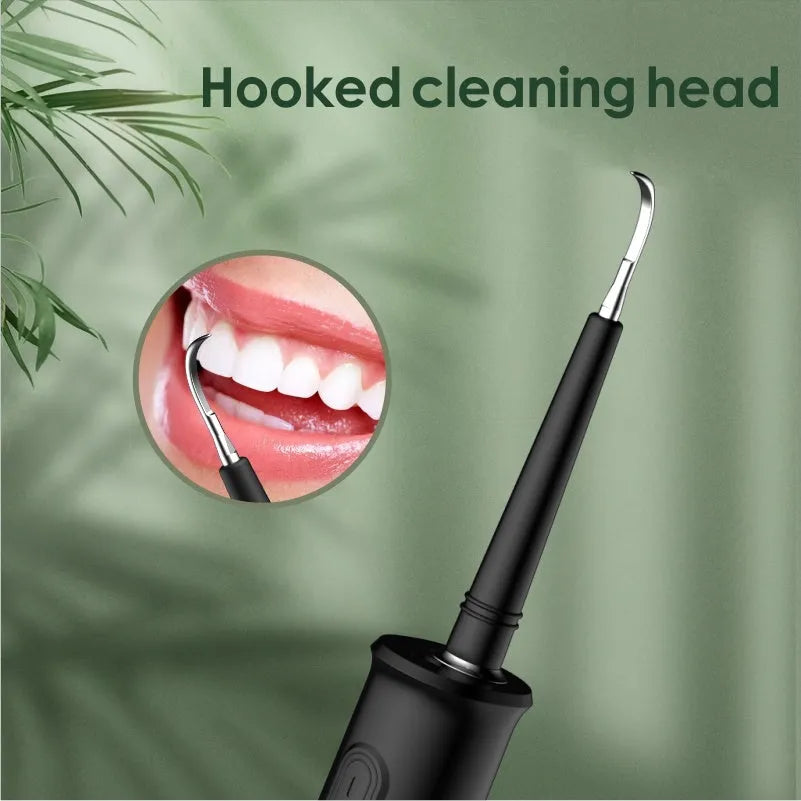 Black household dental scaler with storage tray, tongue cleaner, and USB charging cable
